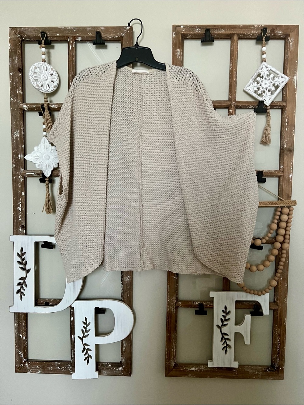 Neutral Beige Waffle Knit Open-Front Poncho Shrug